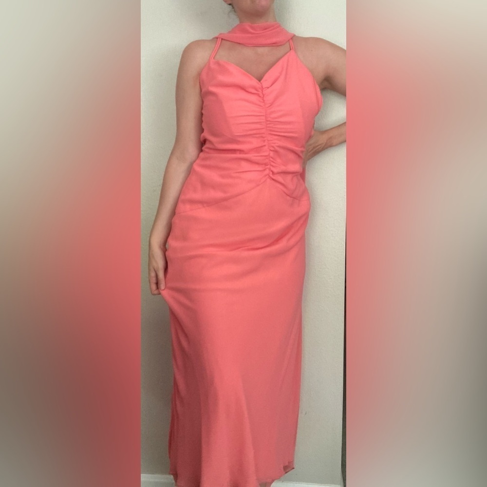 Vintage Jessica McClintock Salmon Pink Maxi Dress Size 10 With Scarf